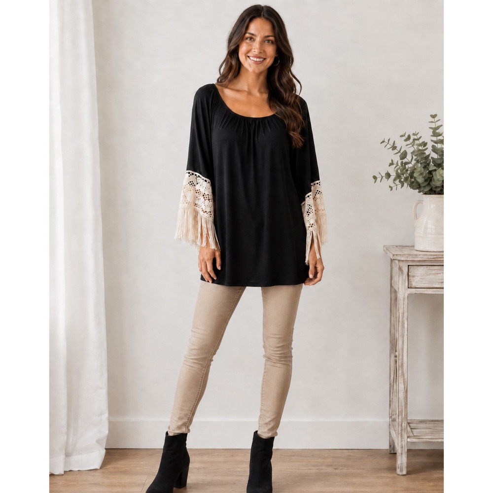 DUAL Clothing Co Black Boho Tunic Dress Crochet Fringe Sleeves Made USA